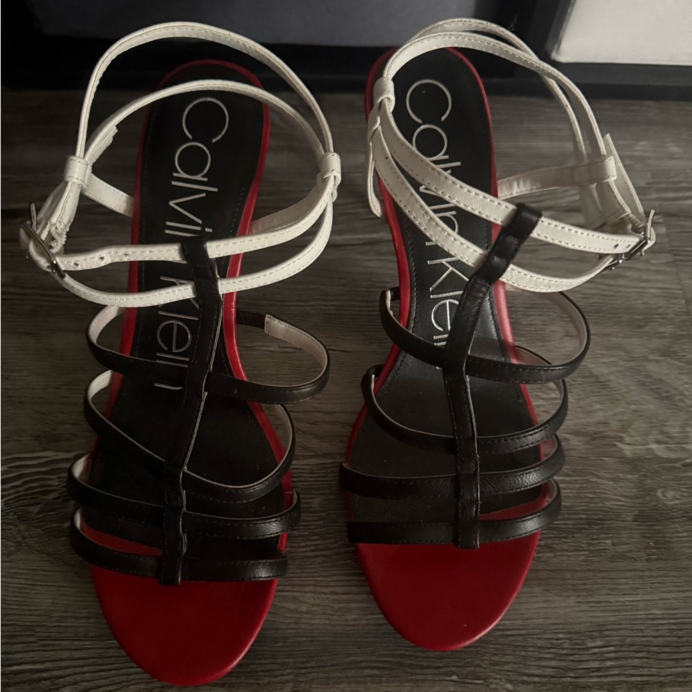 Calvin Klein Women's Sandals - Black, White, and Red
